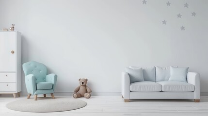 A minimalistic white wall with stars and a teddy bear in the background, a children's room with empty space for product placement, a small chair on one side of a cabinet, a white floor.