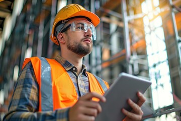 Engineer at construction site with digital tablet in his hand. He is in working clothes, safety helmet and safety glasses