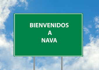 Siguiente salida Bienvenidos a nava una señal verde sobre fondo de cielo azul. Colección de señales de tráfico conceptuales