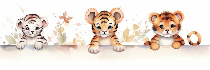 Watercolor nursery theme baby room, Three cute tiger cubs peeking over a wall, perfect for a child's room or nursery.