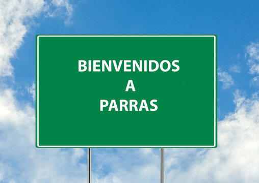 Siguiente salida Bienvenidos a parras una se&ntilde;al verde sobre fondo de cielo azul. Colecci&oacute;n de se&ntilde;ales de tr&aacute;fico conceptuales