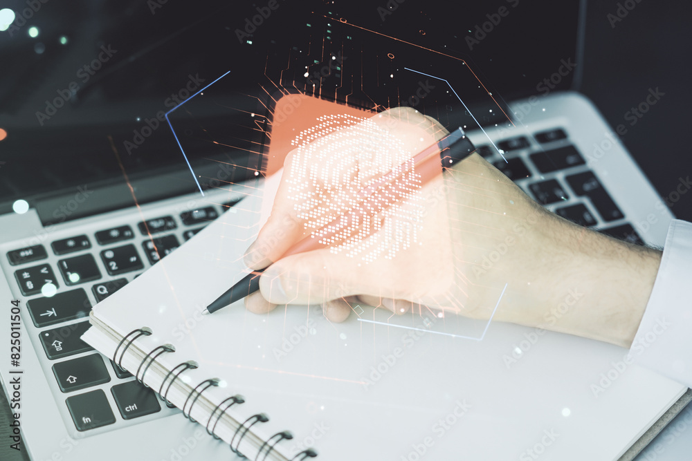 Poster double exposure of abstract creative fingerprint hologram with hand writing in notepad on background