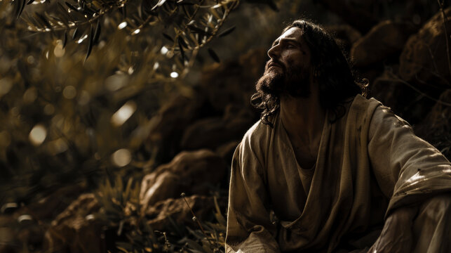 A photograph of Jesus praying in the Garden of Gethsemane, intense and solemn expression, kneeling near a rock - Powered by Adobe