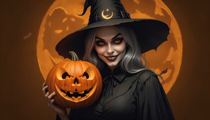 Fototapeta premium Halloween jack o lanterns and witch on various creepy background