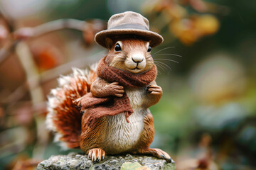 Obraz premium The charm of autumn captured with a squirrel in a plaid scarf and golden leaves
