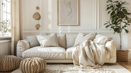Cozy minimalist living room with soft throws and a neutral color palette.