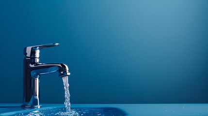 mixer tap with falling drop water, blue background. saving water concept ai generative