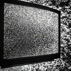 black and white frame.a TV screen displaying a noise static effect in a monochrome palette. The composition focuses on the chaotic yet patterned nature of the static, highlighting the intricate detail