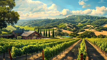 Design an overhead perspective of a picturesque vineyard in summer, with lush grapevines, a tasting...