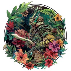 Fototapeta premium illustration art of warrior in the circle frame of flower isolate on white background