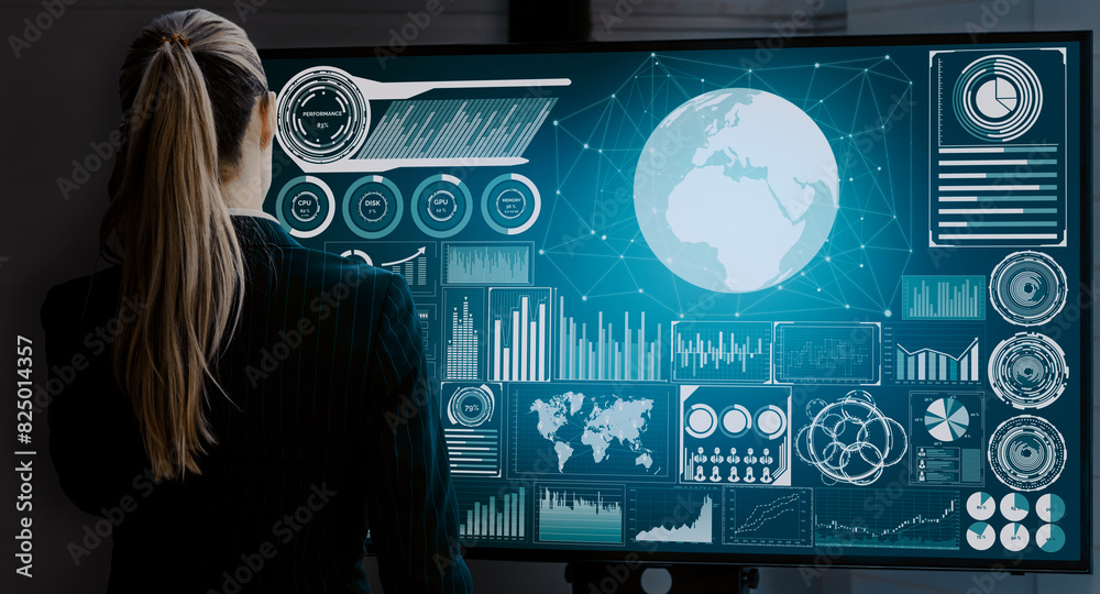 Poster data analysis for business and finance concept. interface showing future computer technology of prof