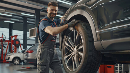 Naklejka premium Man, worker of a car repair shop, tire service 