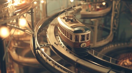 Circular toy train running on the tracks, The boy curiously and happily plays with the toy train, a nostalgic style from the 1960s and 1970s.