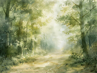 Fototapeta premium Low-angle perspective, tranquil forest clearing, dappled sunlight filtering through leaves, watercolor style, soft and calming tones, sense of stillness and solitude