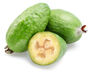 Feijoa fruits and slice of feijoa isolated on white background.