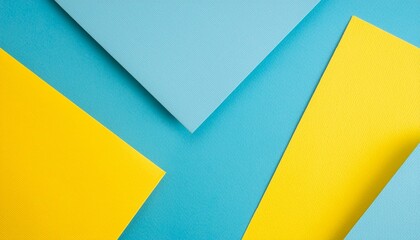 Abstract color papers geometry flat lay composition banner background with blue and yellow tones 