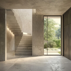 fairly modern entrance hall of a house with a staircase going to the right, interior view, 1 interior wall is in concrete covered with a simple white paint, We see the garden through the door