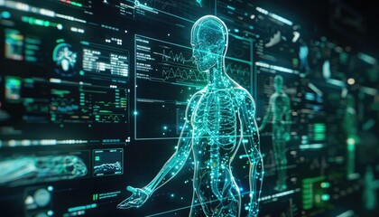 Digital hologram of chronic illness data, Futuristic, Glowing Blue and Green, 3D Render, Emphasizing continuous monitoring