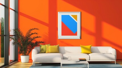 A bold pop art piece in a frame mockup on a bright orange wall, adding a splash of color to a modern living room with clean lines and simple furniture.