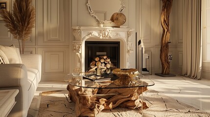 An elegant living room with fireplace, glass coffee table and wood stack in the corner. The walls have light beige travertine stone panels. A wooden sculpture hangs on one wall above fire place.