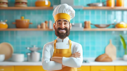 Smiling baker portrait flat design front view culinary theme 3D render Splitcomplementary color scheme