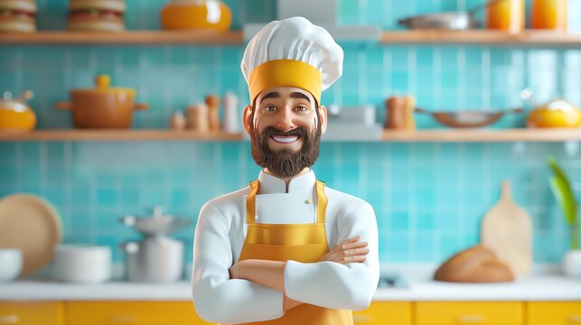 Smiling baker portrait flat design front view culinary theme 3D render Splitcomplementary color scheme
