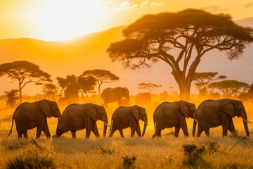 Elephant herd crossing dry grass field at sunset with sun and trees in background