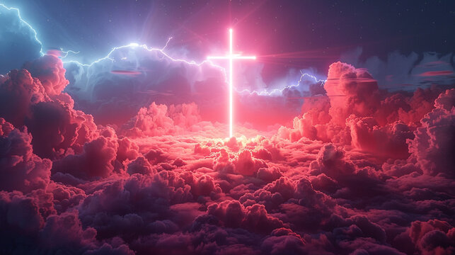 Neon cross in the sky with clouds. Banner for Christian religious publications, Bible magazines - Powered by Adobe
