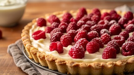 A classic French cream pie with yellow cream and raspberries on top