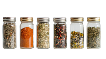 A row of glass jars filled with an assortment of colorful spices, neatly lined up on a shelf