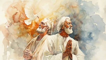 Watercolor Painting of Jesus and His Father with Dove - Spiritual Christian Art