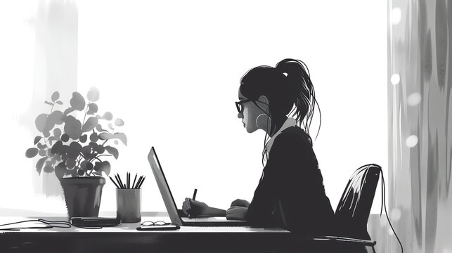 Female art director drawing flat design side view project meeting theme water color black and white