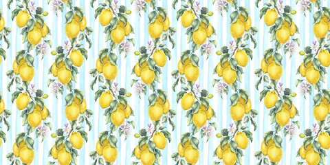 Lemon Branches with fruits and leaves. Hand drawn watercolor seamless pattern. Print of Tropical citrus fruit. Background for menu, package, cosmetic, textile, cards