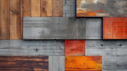 Grunge abstract background with grey concrete tiles and wooden timber. Generative AI