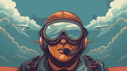 Aviator with goggles flat design front view flying theme cartoon drawing Analogous Color Scheme