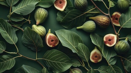 Ripe figs and leaves against green backdrop