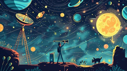 Astronomer with charts flat design front view celestial objects theme cartoon drawing Analogous Color Scheme