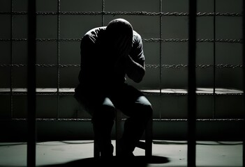 Depressed Man In Prison Head In Hands Alone Male Silhouette Horror Scary In Mental Institution, Generative AI