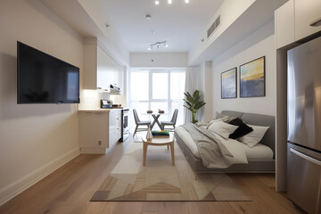 Modern Studio Apartment with Open Layout, Cozy Decor, and Bright Natural Light.