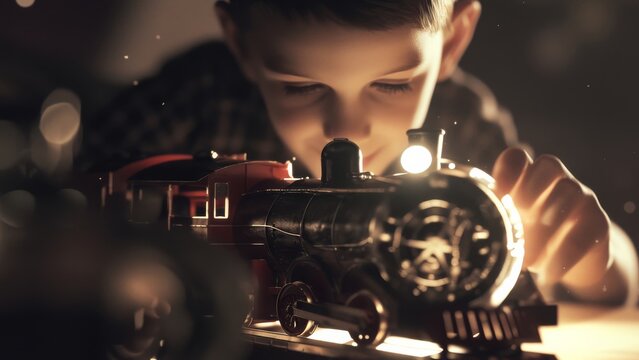 Circular toy train running on the tracks, The boy curiously and happily plays with the toy train, a nostalgic style from the 1960s and 1970s.