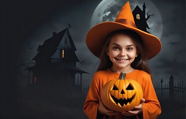 Fototapeta premium Halloween jack o lanterns and witch on various creepy background