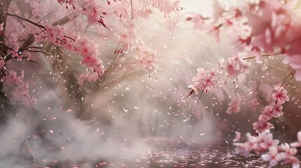 Design a cascade of cherry blossoms, gently falling like pink snowflakes
