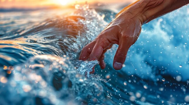 Surfer s precise hand drag for stability in turn at summer olympics, highlighting technique