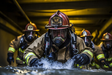 Obraz premium A group of firefighters conducting training exercises, simulating rescue scenarios with dedication and teamwork.