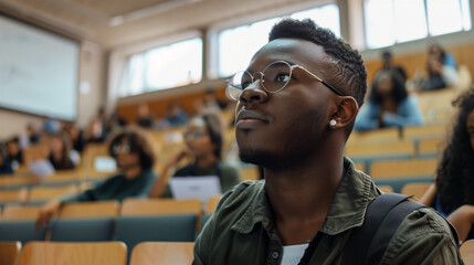 Fototapeta premium Engaged male student in university lecture hall with professor and notes