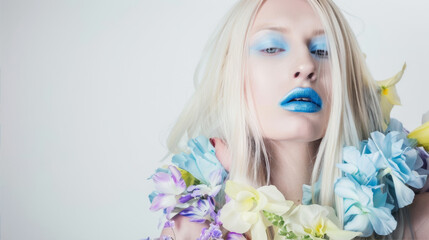 Portrait of a blonde woman with blue makeup and flowers
