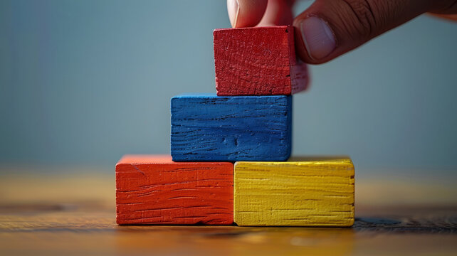 Hand stacking colorful wooden blocks