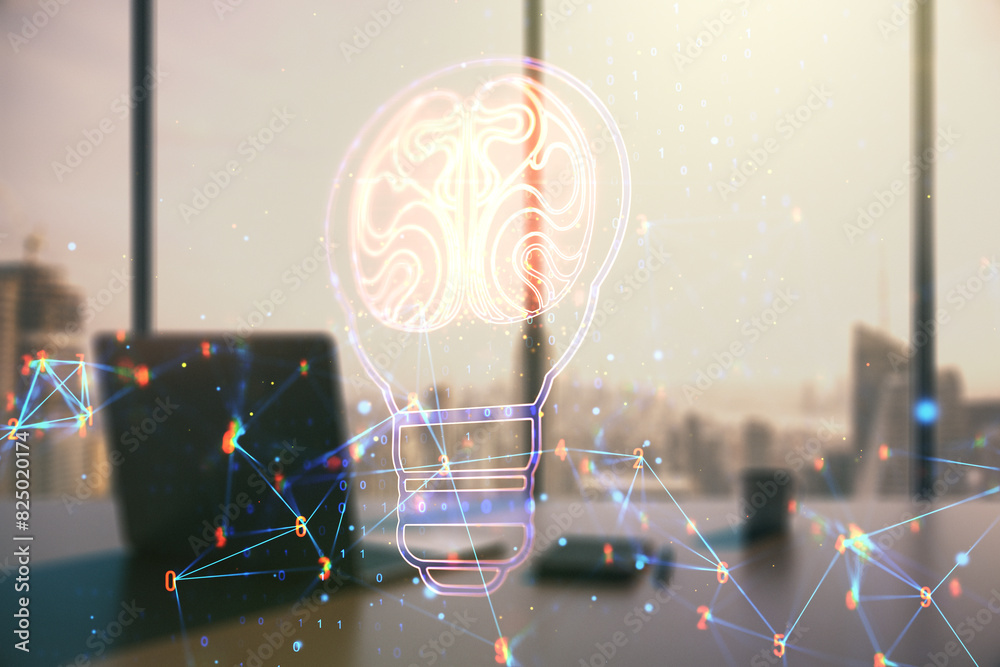 Poster Creative light bulb with human brain hologram and modern desk with computer on background, artificial Intelligence and neural networks concept. Multiexposure