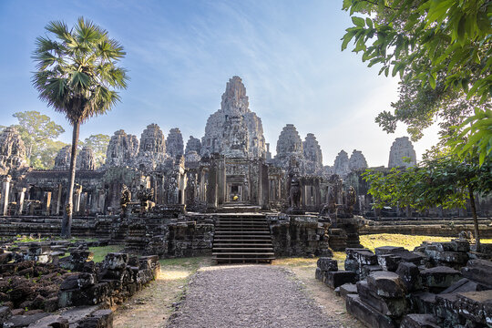 Facade of Bayon Temple ruins against sky