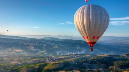 vibrant hot air balloon soaring high in a clear blue sky with a picturesque landscape